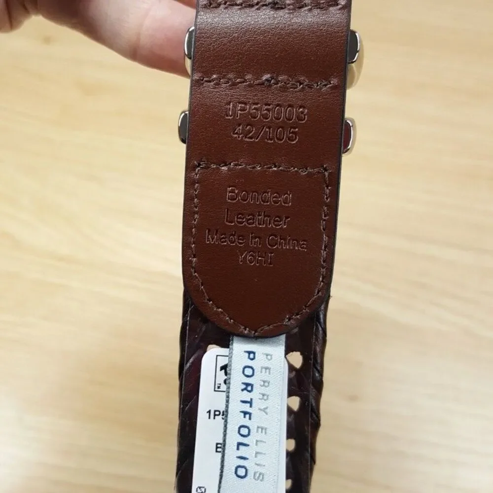 PERRY ELLIS Mens Belt Size 42 Brown Braided Bonded Leather Silver Tone Hardware